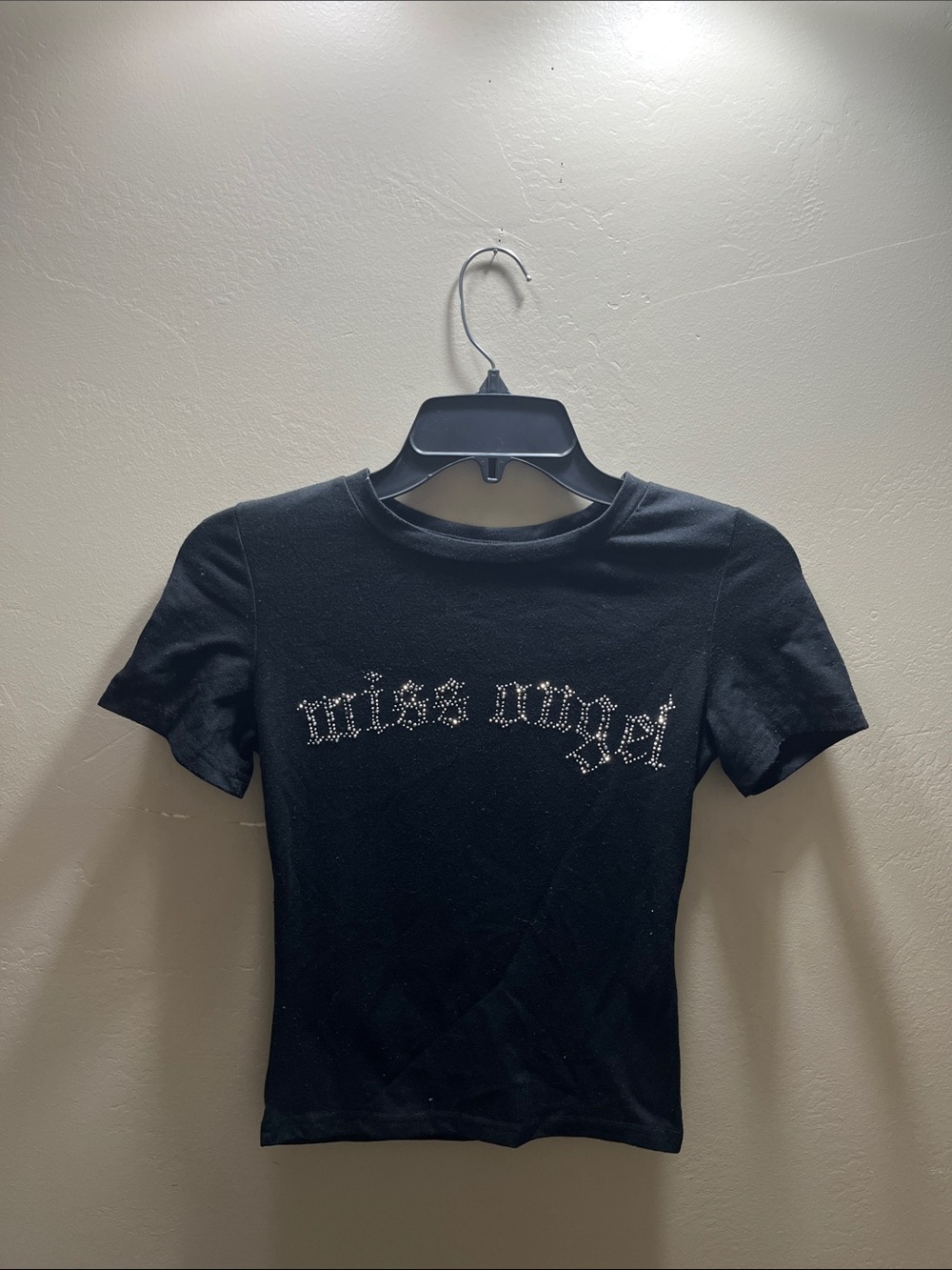 SHEIN Black Crop Tee with Rhinestone "Miss Angel" Script